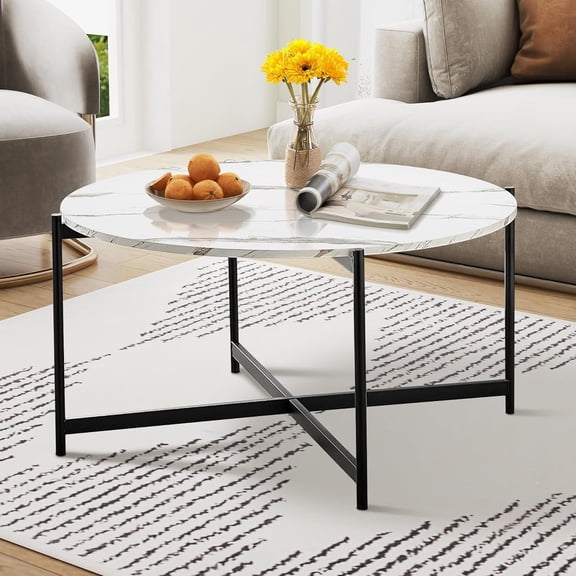 RevoGlow Commerce Round Coffee Table 36 Inch - Modern Faux Marble Top with Sturdy Metal Frame, Small Circular Wood Coffee Table for Living Room, Bedroom, Home Office – Easy Assembly, White
