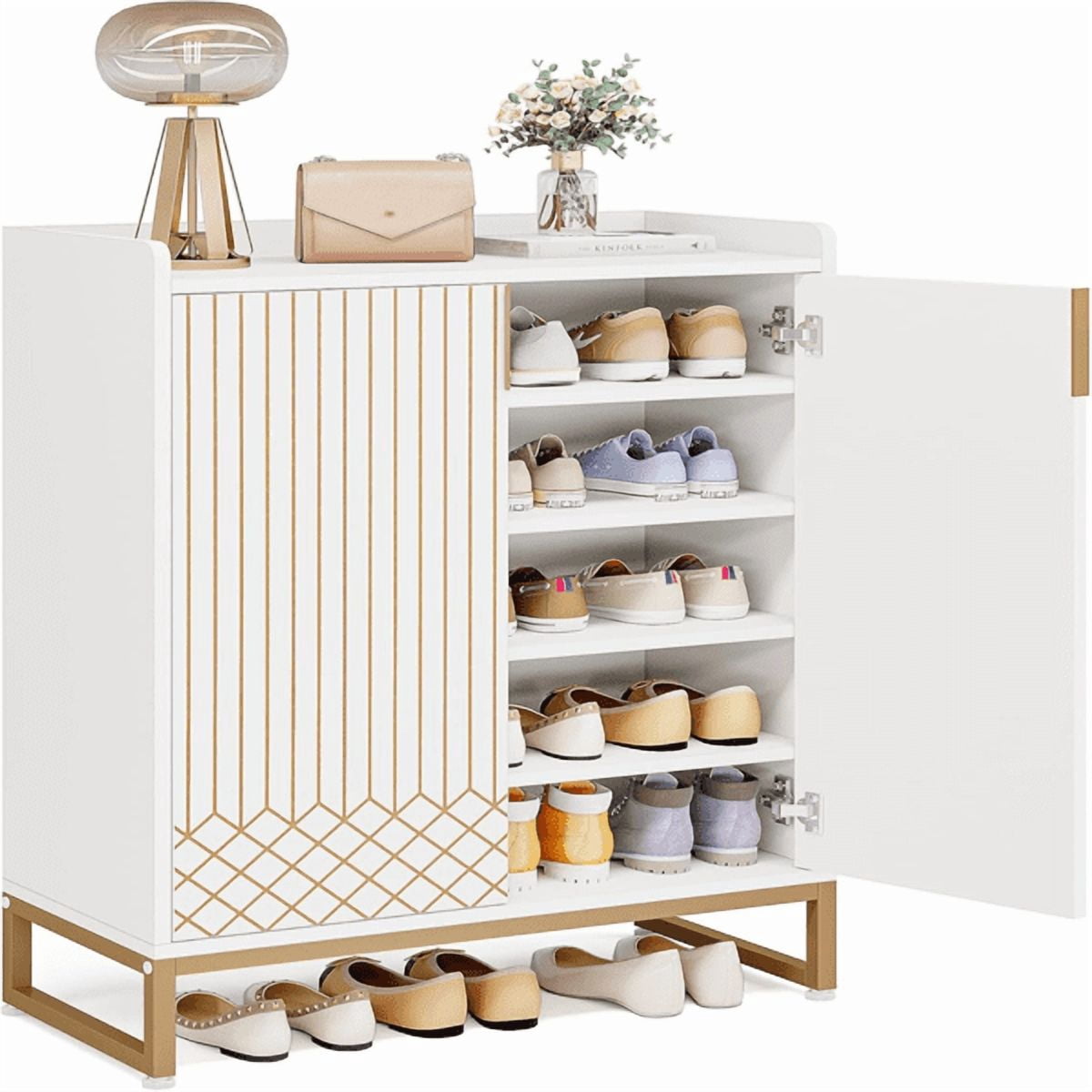 5-Tier Shoe Cabinet - White with Gold Accents, 20-25 Pair Capacity, Slim Vertical Design, MDF & Steel Legs, Modern Minimalist for Entryway/Hallway