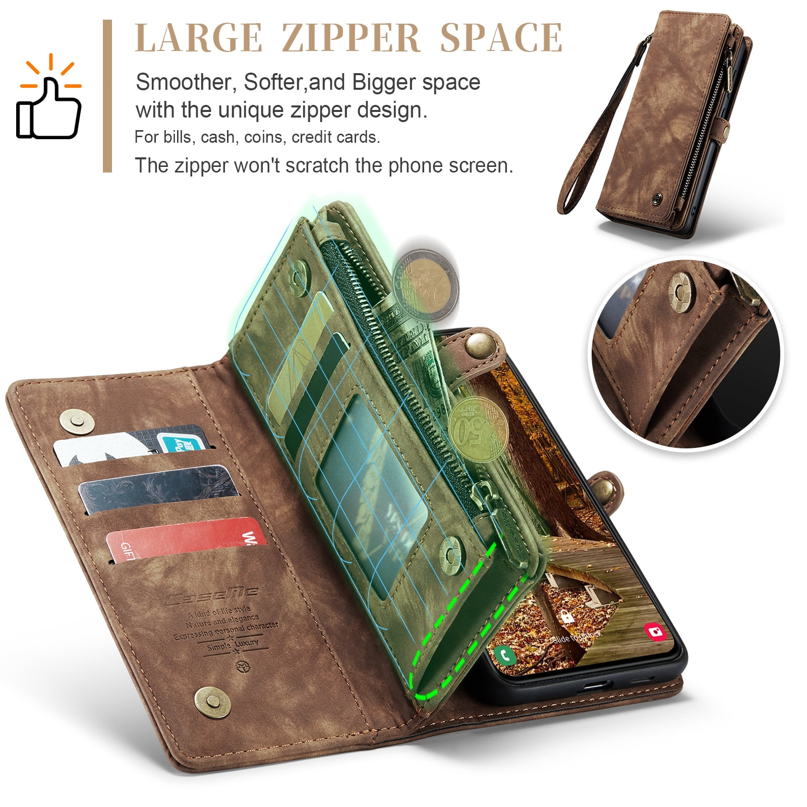 Allytech Magnetic Detachable Wallet Case for Samsung Galaxy A16 5G with Card Slots & Zipper Pocket, Support Wireless Charging, PU Leather Wrist Strap Shockproof Full Protection Flip Case, Darkbrown
