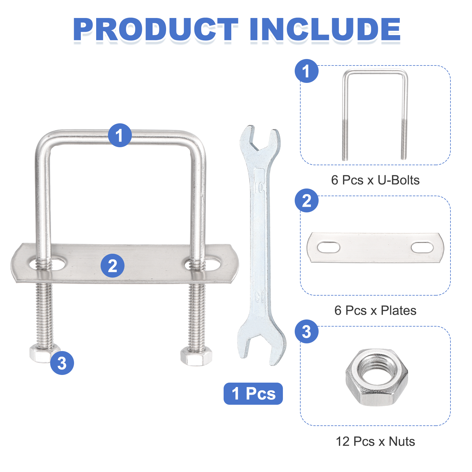 Uxcell 6 Sets M6 Square U-Bolts, 1.61" Inner Width 3.15" Length 304 Stainless Steel U Clamp Bolts with Nuts, Plates and Wrench