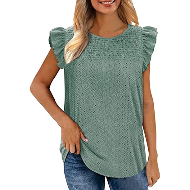 Playeras,Blusas y Tops,Ropa para Mujer Verano Tops Camiseta sin mangas con volantes y costuras de tela jacquard hueca de cuello redondo para mujer (Green, S)