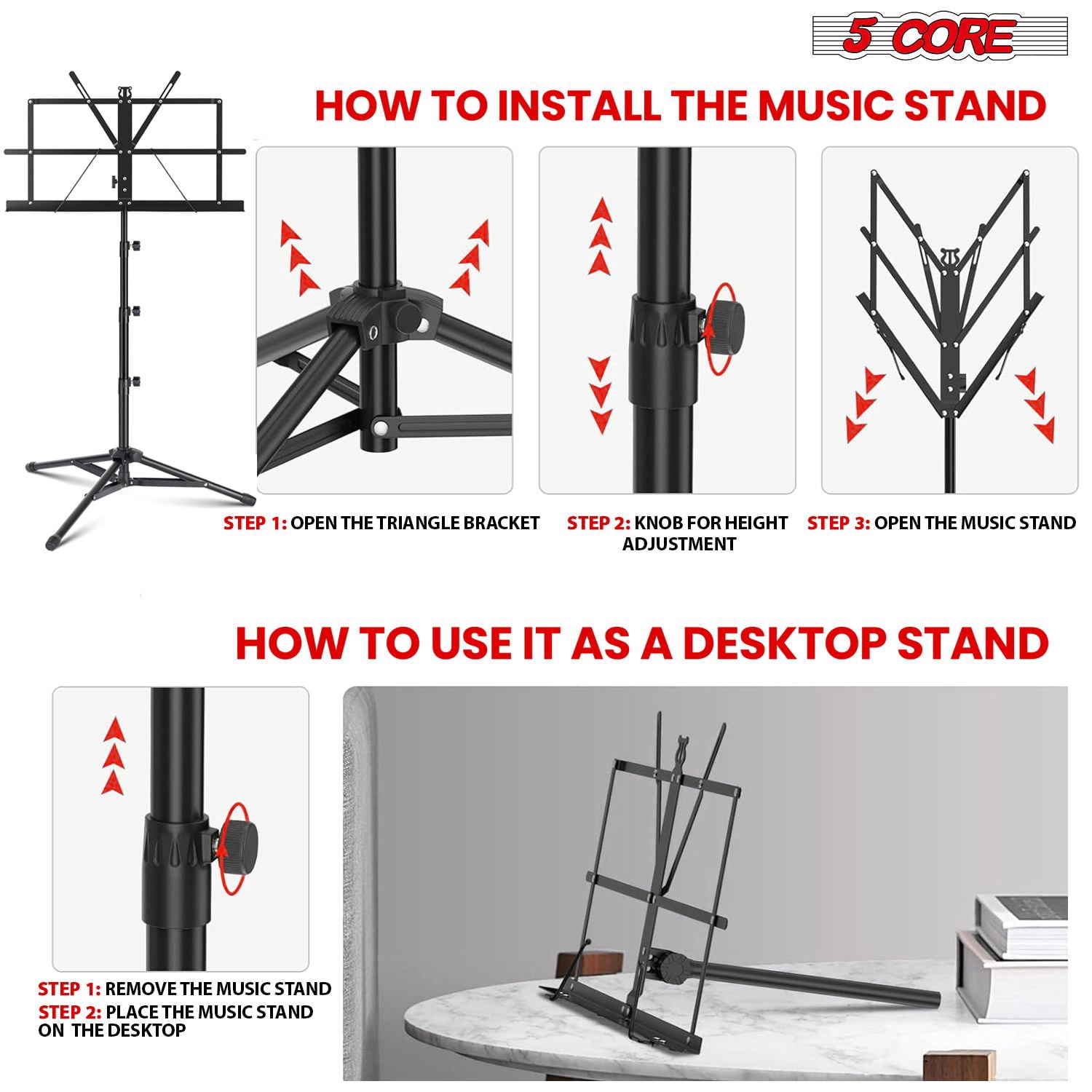 Music Stand Adjustable Desktop Book Stands Portable Sheet Holder All Metal Foldable Bookstand