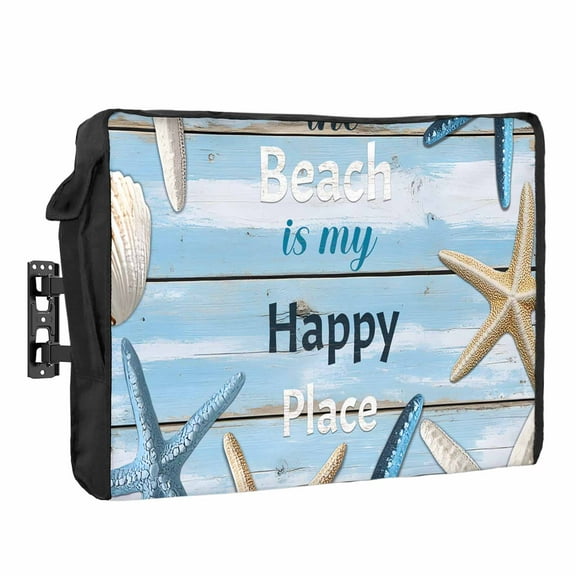 Outdoor TV Cover 30 to 32 Inches, Starfish Shell The Beach Is My Happy Place Wood Grain Waterproof and Weatherproof TV Cover with Remote Control Pocket, Flat Screen TV Cover Protector for Outside TV
