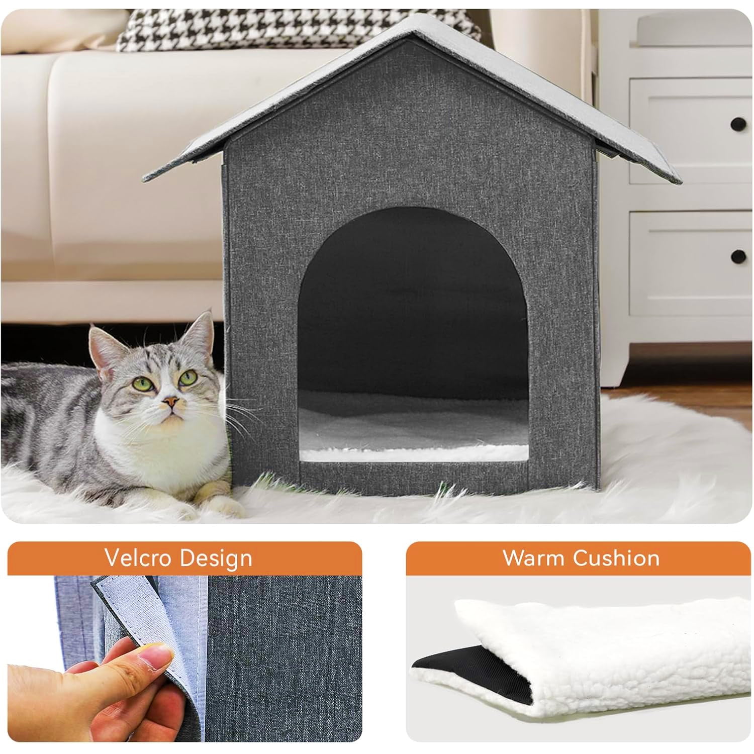 Cat Bed, POPO Foldable Cat House for In/Outdoor, 17 x 13 x17 inches Cat Tent, Gray