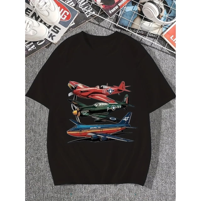 Boys' Olive Green Vintage Airplane Graphic T-Shirt - Casual, Breathable Cotton, Crew Neck Short Sleeve Top for Youngsters & Teens, Boy T Shirt