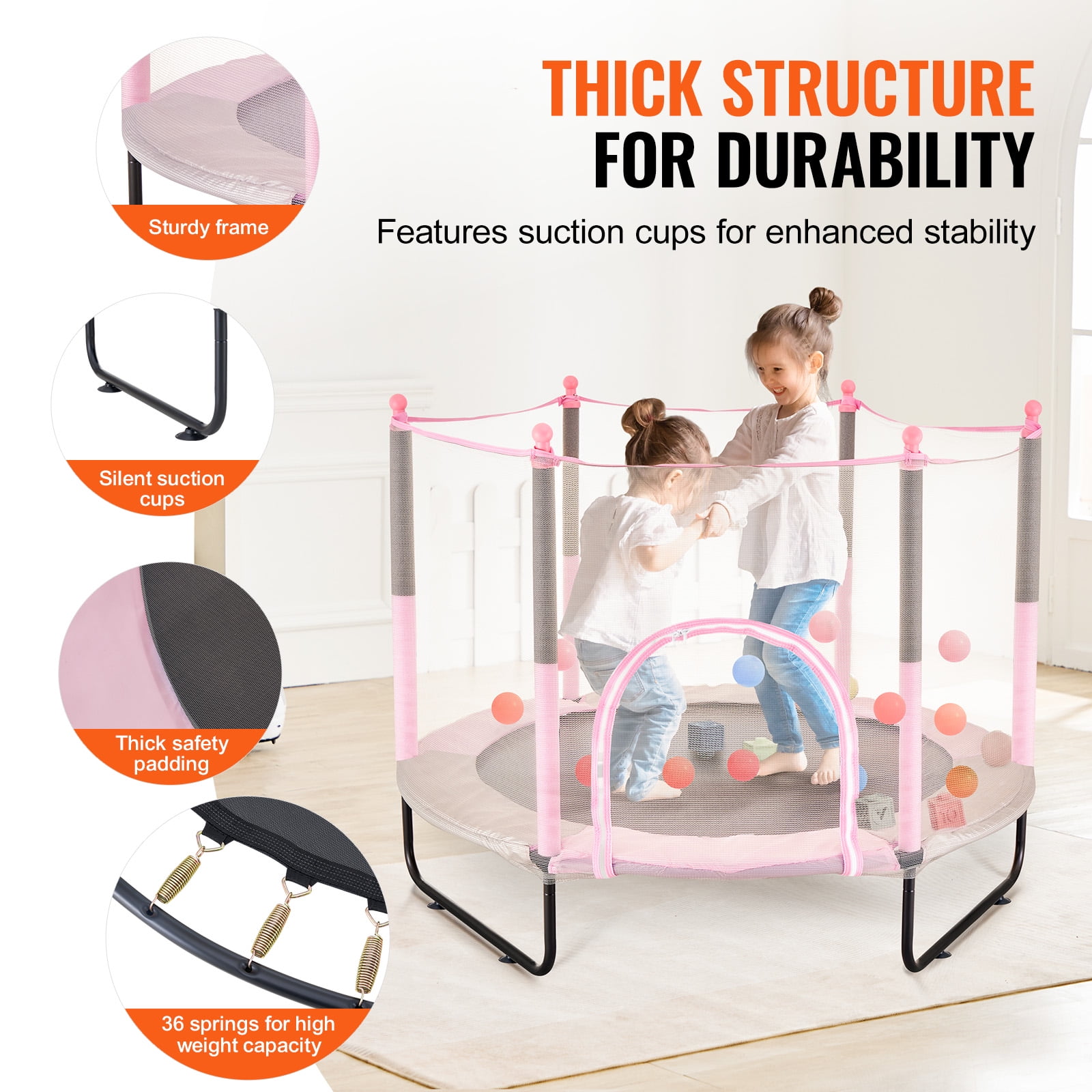 KFFKFF 60" Children's Trampoline, 5FT Trampoline for Indoor and Outdoor Use, Compact Trampoline for Toddlers with Protective Netting and Basketball Hoop