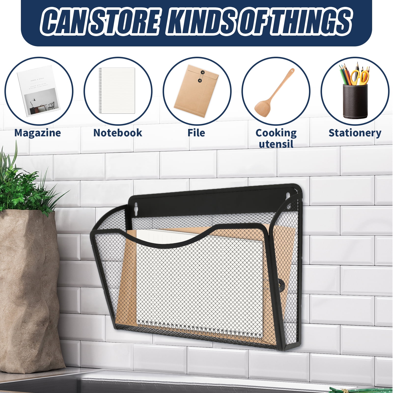 Magnetic File Holder Carbon Steel Magnetic File Organizer No Drilling Magnetic File Folder Holder Large Capacity Paper Holder Multifunctional Mail Organizer for Refrigerator Black
