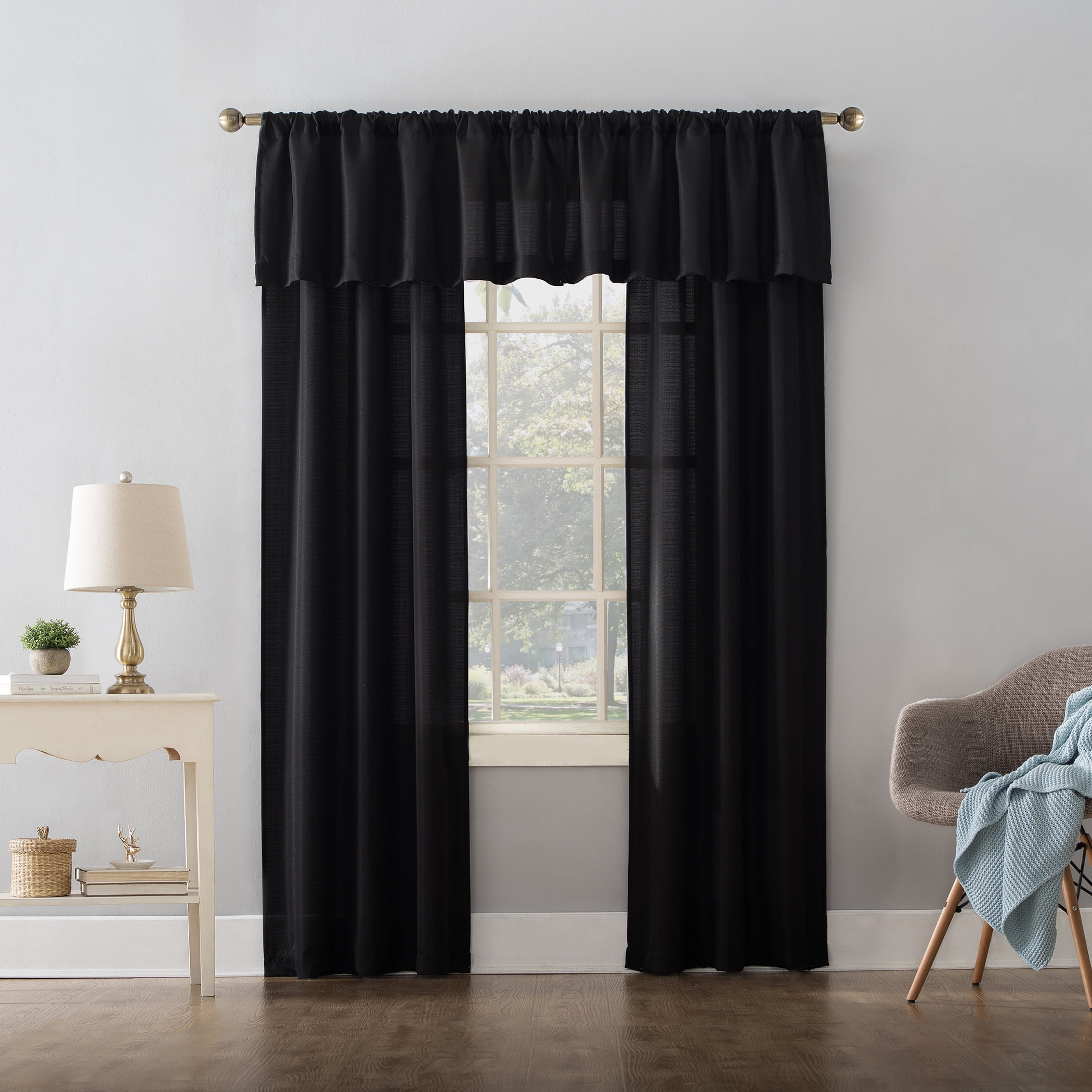 Mainstays Lauren Semi-Sheer Textured Solid Rod Pocket Curtain Valance, Black, 56"W x 17"L