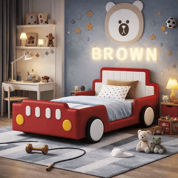 HICOMILA Race Car Bed Frame for Boys＆Girls with Wheels, Twin Size Car Beds PU Leather Wooden,Twin Platform Bed for Girls＆Boys Bedroom, Red