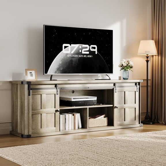 Farmhouse TV Stand With Sliding Barn Doors, Wood Grain Gray, For Up To 75 Inch TV