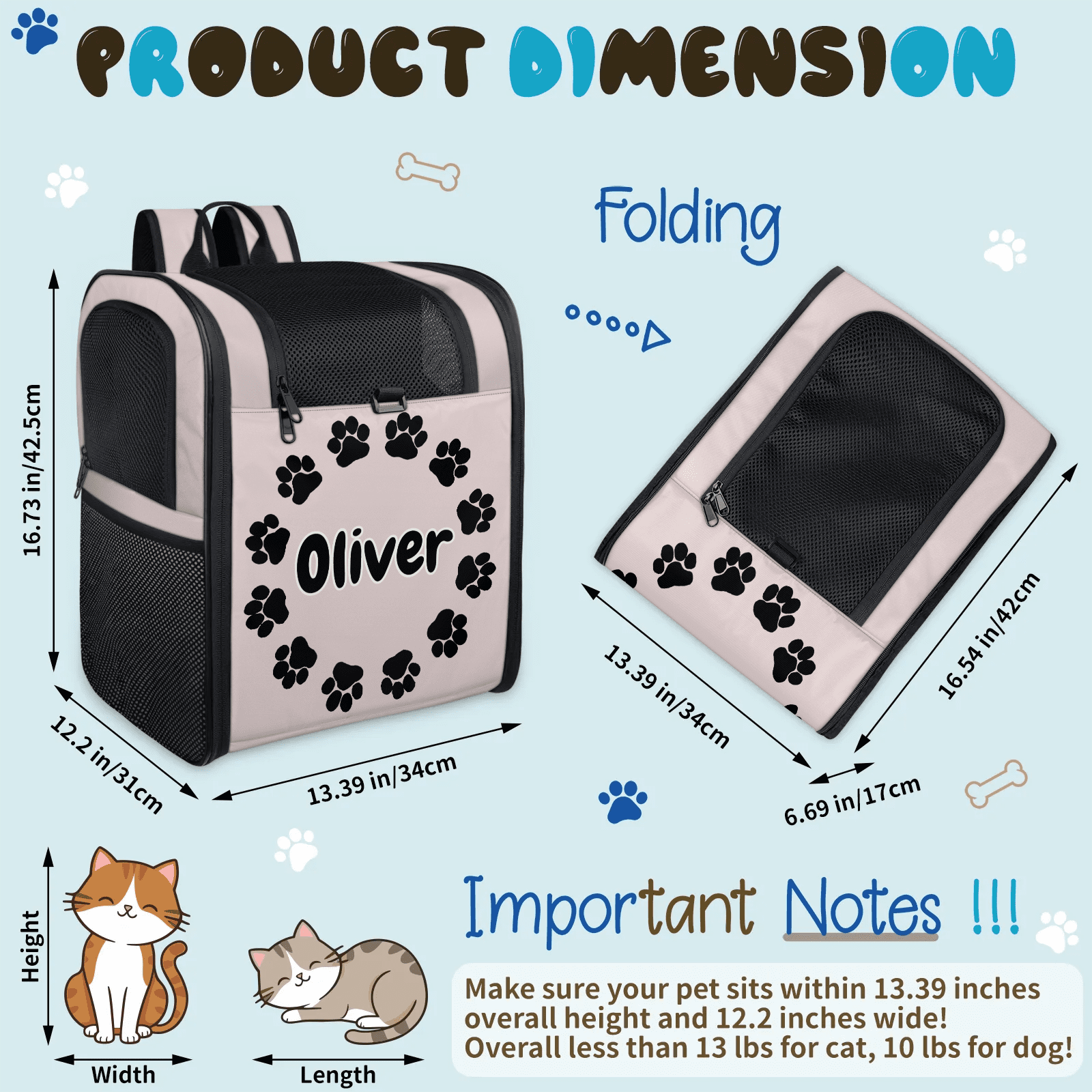 Custom Name Cat Carrier Backpack,Peresonalized Pet Backpack for Small Dogs & Cats Under 13lbs,Ventilated Pet Backpack Bag for Camping Biking Hiking Travel