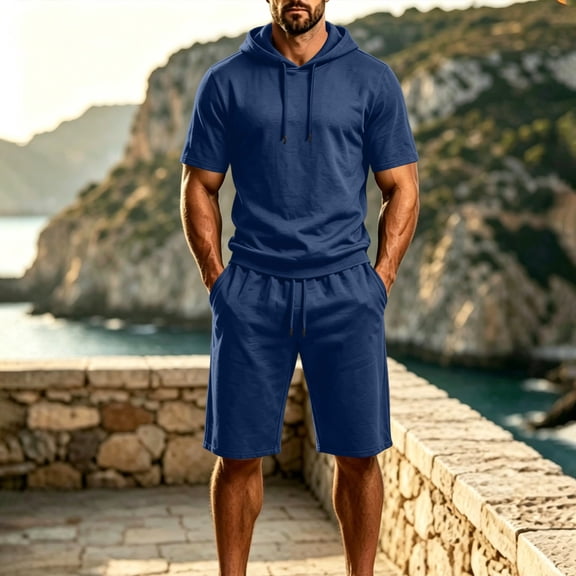 Gamivast 2 Piece Sweatsuit Outfit for Men Short Sleeve Pullover Hoodie and Elastic Waist Drawstring Shorts Casual Summer Tracksuit Navy XXL
