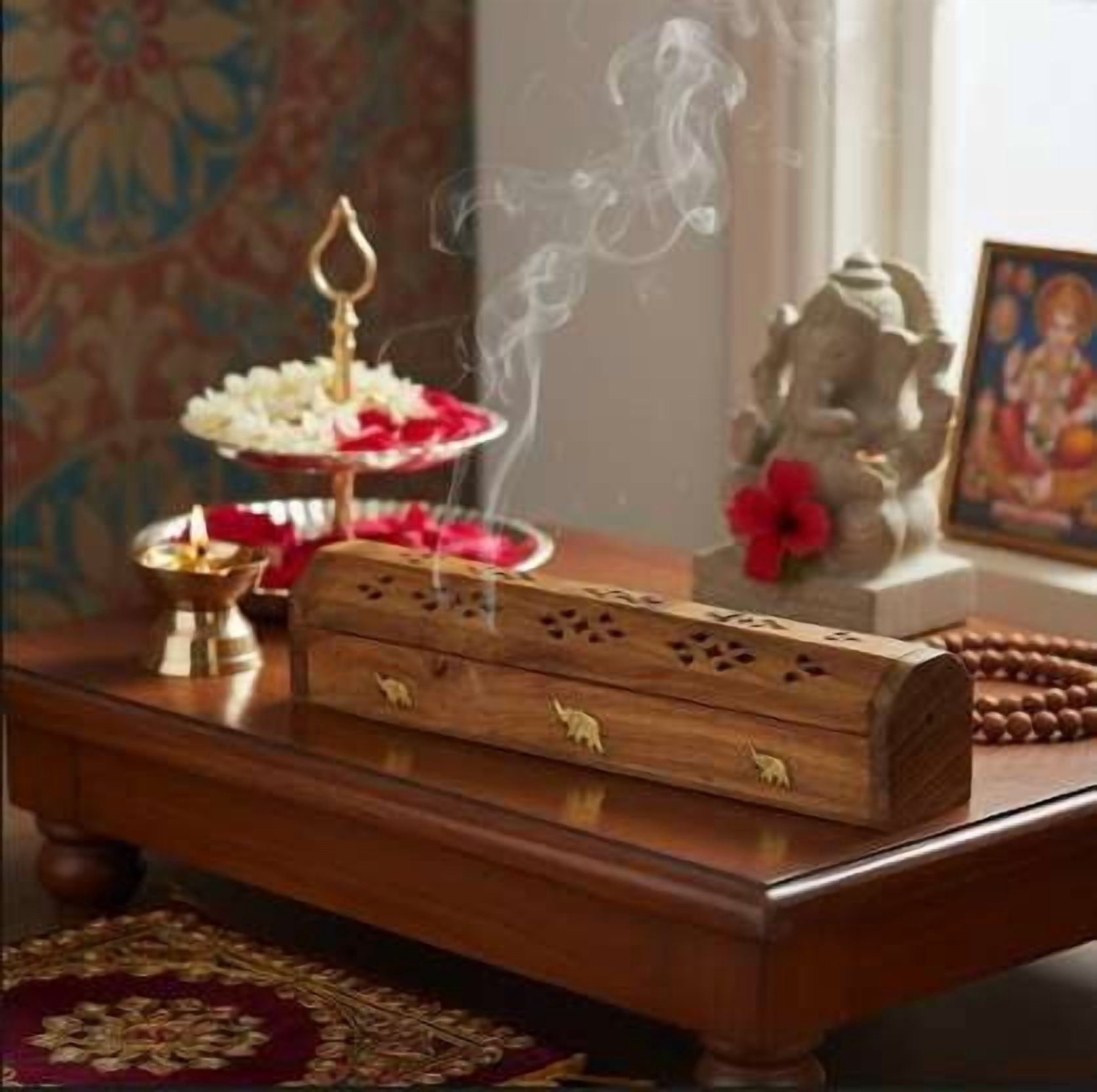 Sheesham Wooden Incense Holder Box with Ash Catcher – Decorative Storage Design with Multiple Slots – Long Box Style for Home, Office & Meditation Space