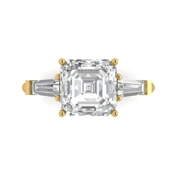 3ct asscher cut white sapphire 14k yellow gold engraving statement Bridal Wedding three-stone Designer Ring size 4