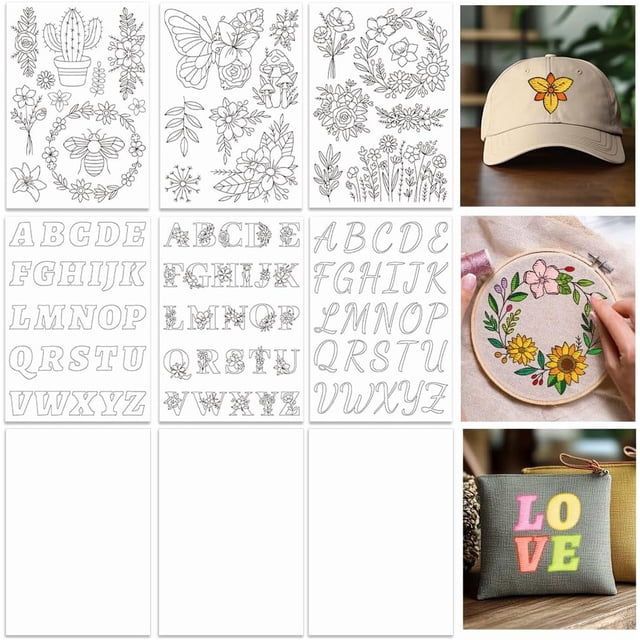 9 Sheets Flowers Butterfly Water Soluble Hand Sewing Stabilizers Letters Wash Away Embroidery Stabilizer Blank Embroidery Stitch Practice for Embroidery Beginners Lovers