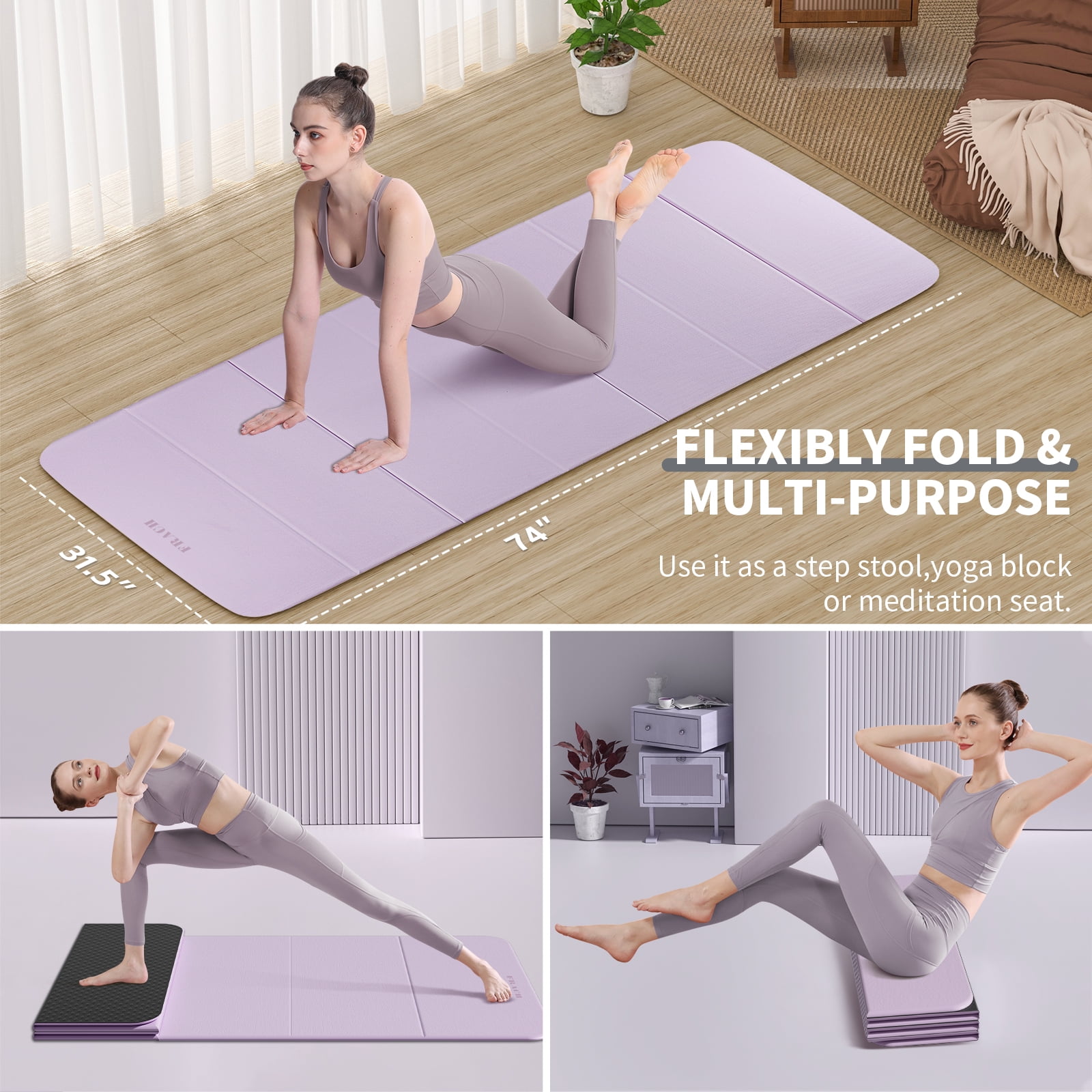 Frach Wide Foldable Yoga Mat Extra Large 75"x32" Fast-Folding & Versatile Use Non-Slip TPE for Workout & Home Gym (Light Purple+Black)