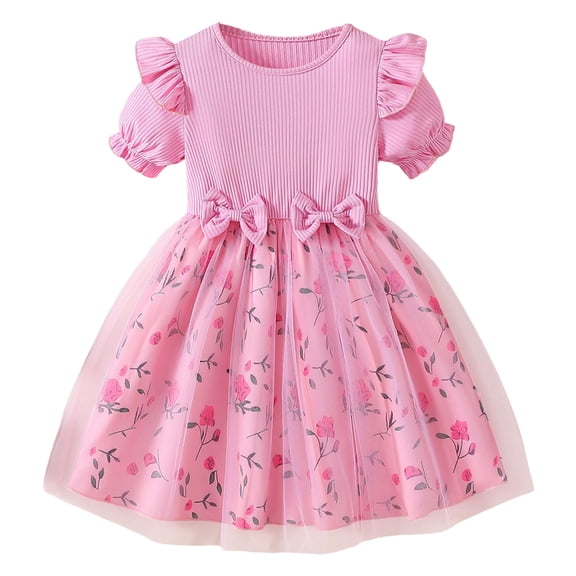 Hrsba Casual Dress for Girls,3-8years Girls' Fashion Punctuate Mesh Fly Sleeve Tie Short Sleeved Round Neck Dress,Kids Summer Dress,Pink ,100