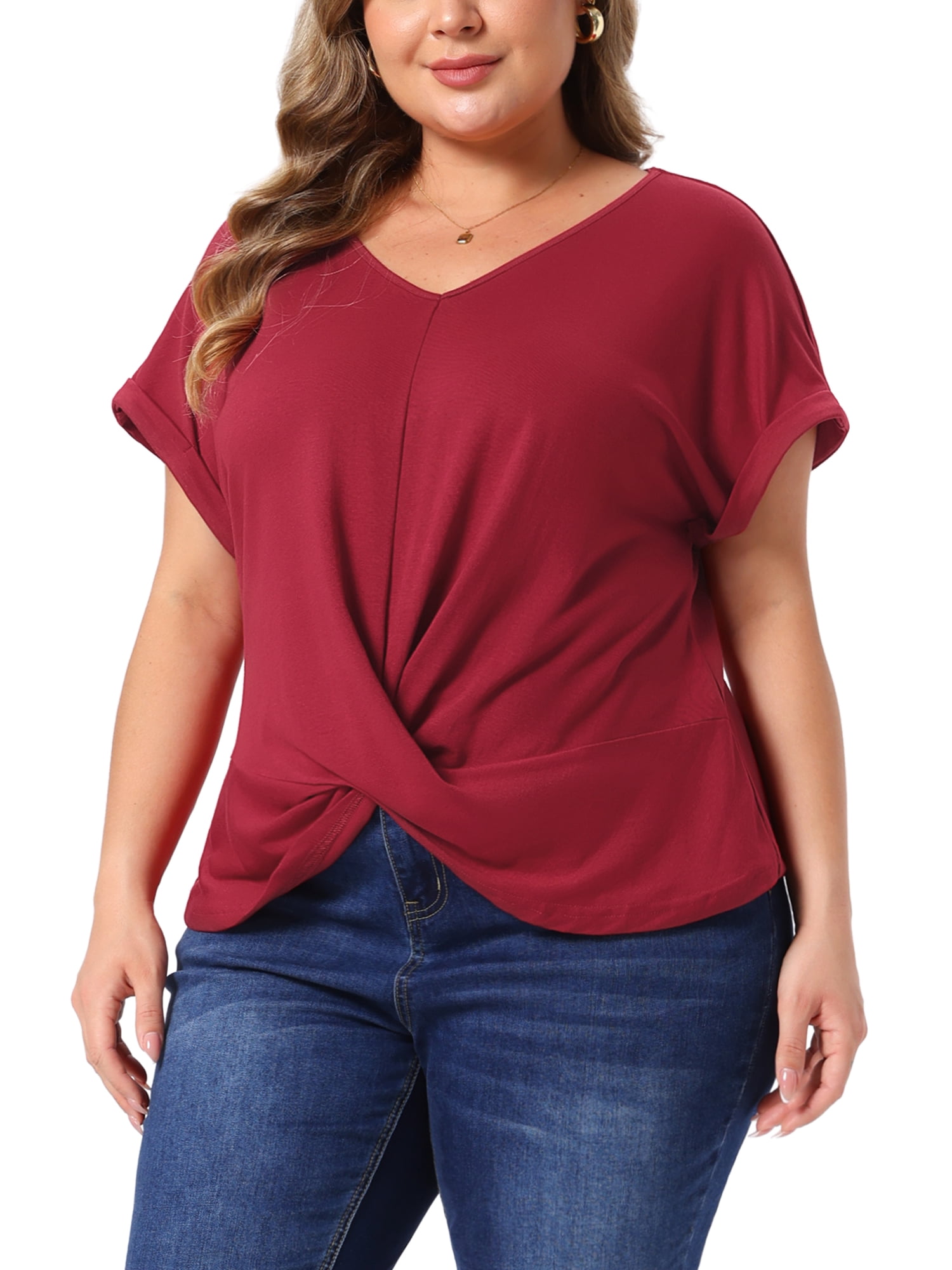 DARING DIVA Women's Plus Top  V Neck Twist Knot Summer Blouses t Shirts 1X Burgundy