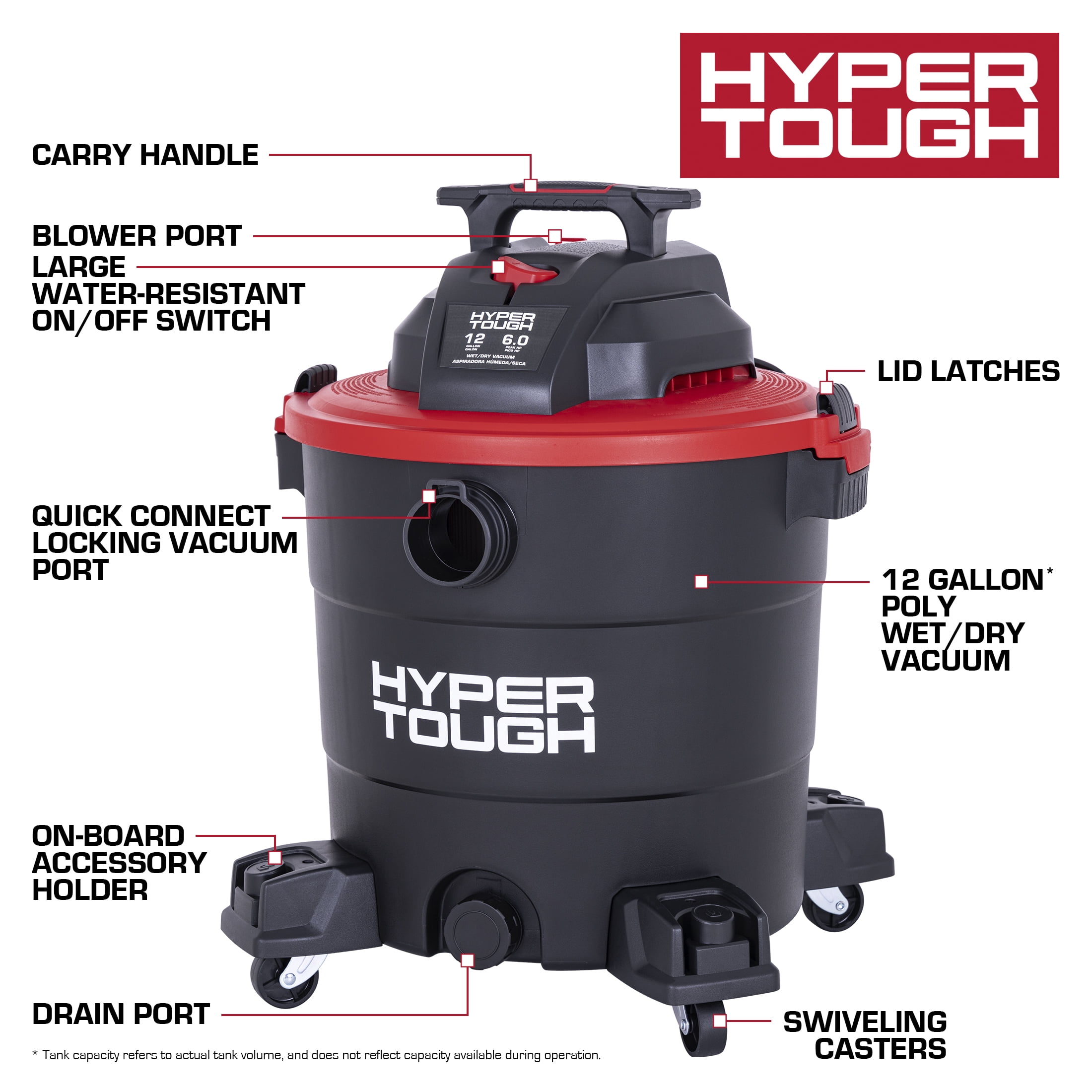 Hyper Tough 12 Gallon 6HP Poly Wet/Dry Vacuum for Home, Car, Garage & Workshop