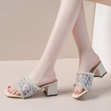 

Aayomet Platform Sandals Women Spring And Summer Fashion Women Sandals Thick Heel Medium Heel Casual Mesh Rhinestone Pearl Silver 8.5