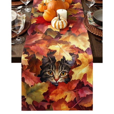 Fall Table Runner Thanksgiving Cute Cat Table Runners Orange Maple Leaf Cotton Linen Dresser Scarf Kitchen Dining Table Decor for Fall Holiday Party Decor 13x90 Inch