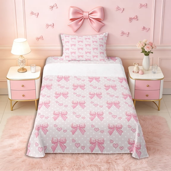 Erosebridal Princess Bowknot Twin Sheet Sets 3pcs for Kids Girls,Polka Dots Love Heart Bedding for Teens,Microfiber Bedroom Decor