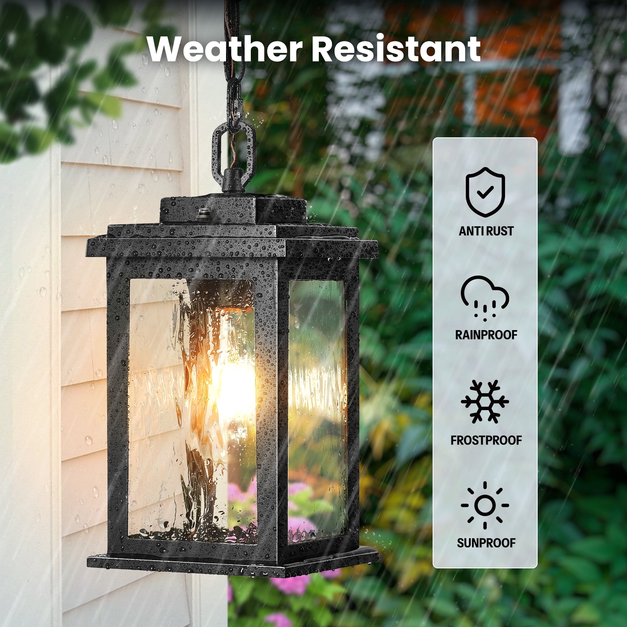 Gleamz Black Dusk to Dawn Outdoor Pendant Lights with Water Glass, Adjustable Chain Waterproof Hanging Porch Light, Outside Chandelier for Porch, Patio, Driveway