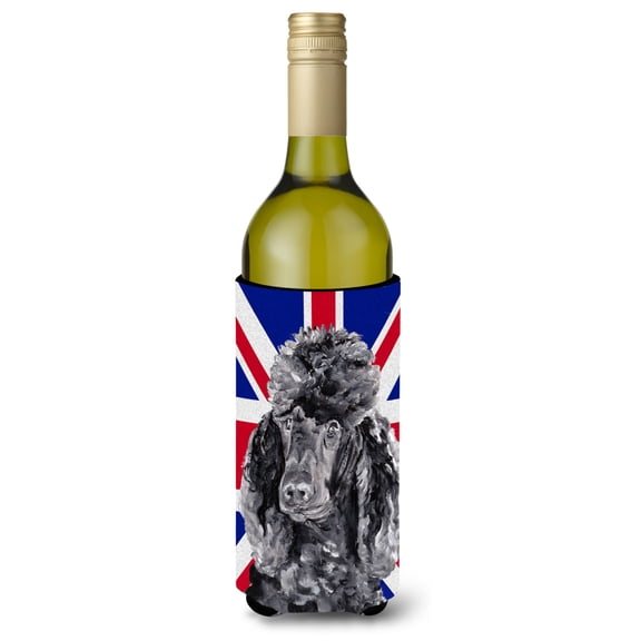 Black Standard Poodle with English Union Jack British Flag Wine Bottle Hugger