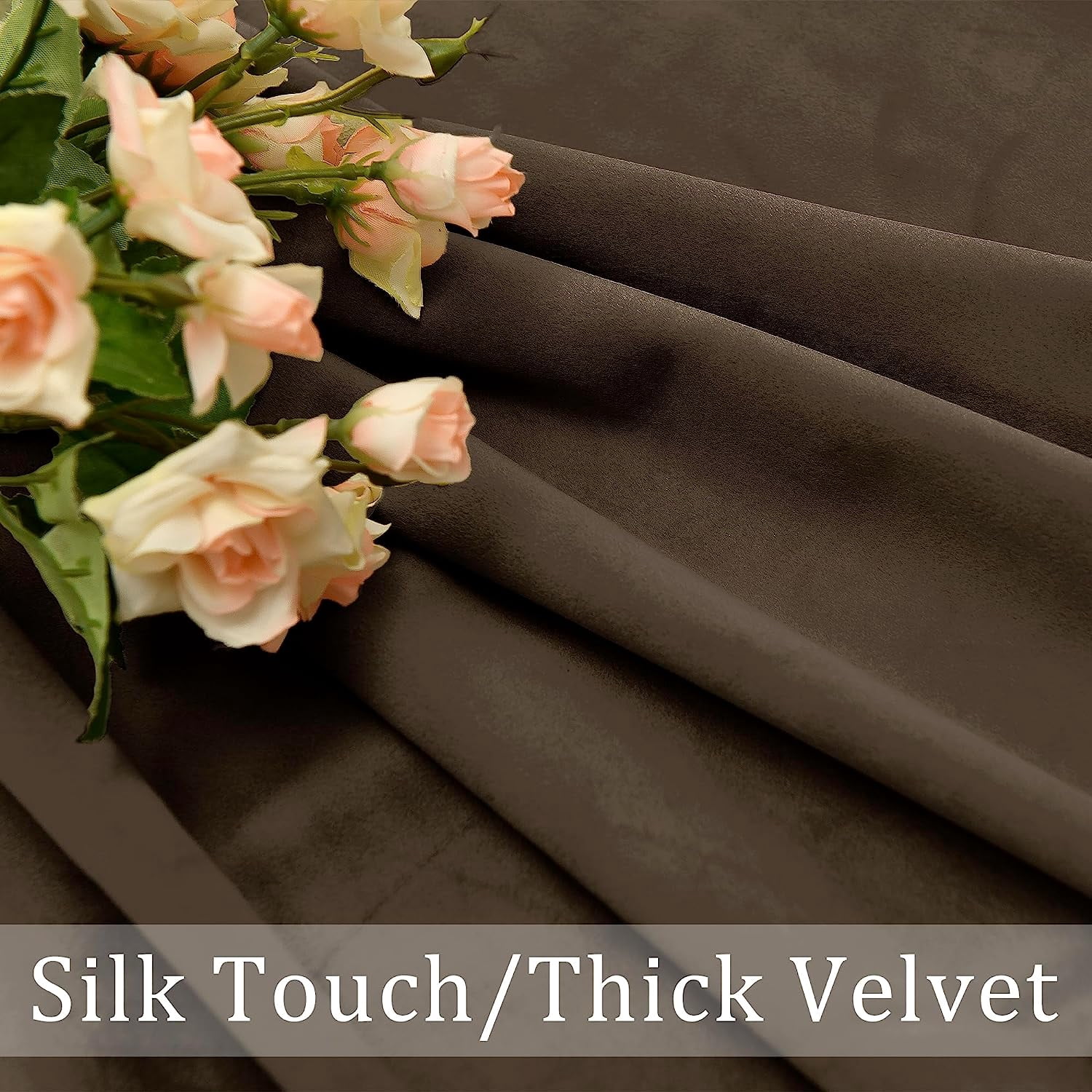 Hiasan Luxury Brown Velvet Curtain with Tiebacks-Blackout Curtains for Bedroom/Living Room, Rod Pocket, 52" x 84", Set of 2