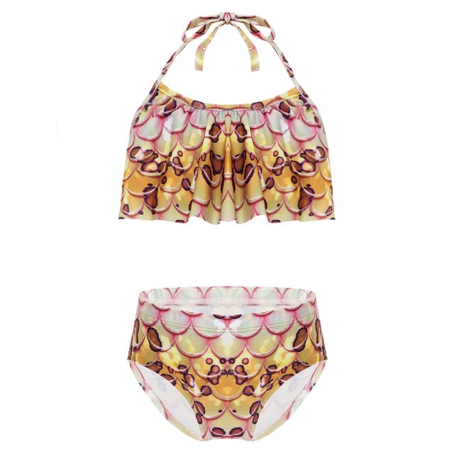 TiaoBug Girls 2 Pcs Mermaid Bikini Sets Shiny Halter Ruffles Crop Top with Triangle Brief Bathing Suit Tankini Light Brown A 130