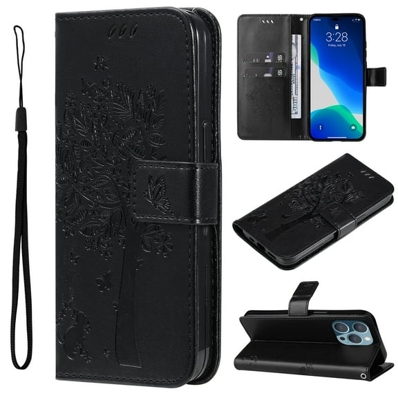 Wallet Case for iPhone 14 Pro Max 6.7" 2022, Allytech Embossed Tree&Cat PU Leather and TPU Bumper Anti-Shock Drop Proof Hand Strap Case for iPhone 14 Pro Max 5G, Black