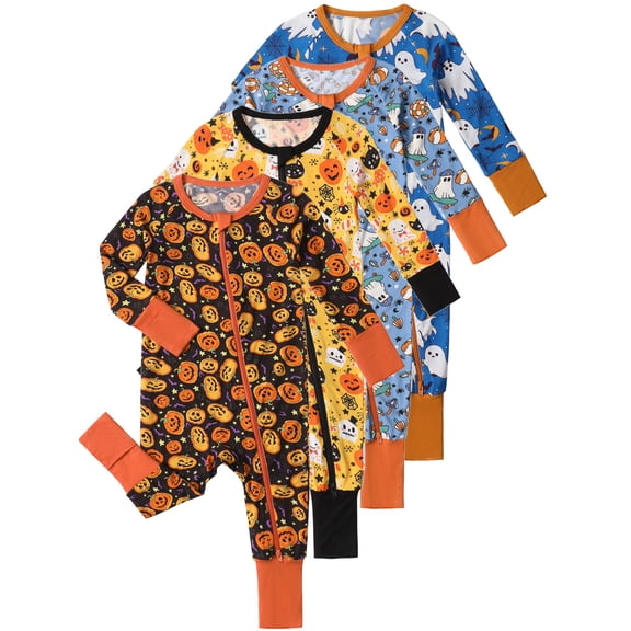 WIBACKER Halloween 3-24M Bamboo Baby Boys Convertible Footie Pajamas, Footed Zipper Sleeper for Infant Baby Girls - 1Pcs Pumpkin