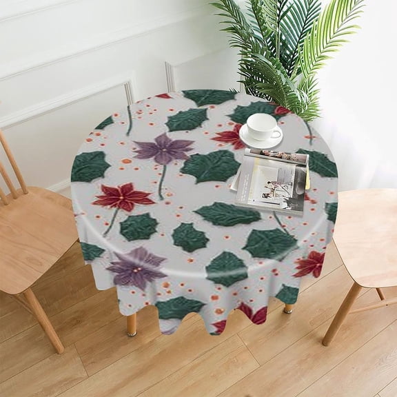 RKSupls 60 Inch Round Tablecloth, Poinsettia Holly Pattern Premium Polyester Straight Edge Wrinkle Resistant Washable Table Cover for Party Home Dining Decor