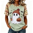 thumbnail image 2 of EANJE Halloween Shirts for Women Cute Ghost Shirt Fall Pumpkin T-Shirt Ghost Pumpkin Graphic Tees Casual Plaid Splice Short Sleeve Tops Light Green 3XL, 2 of 5