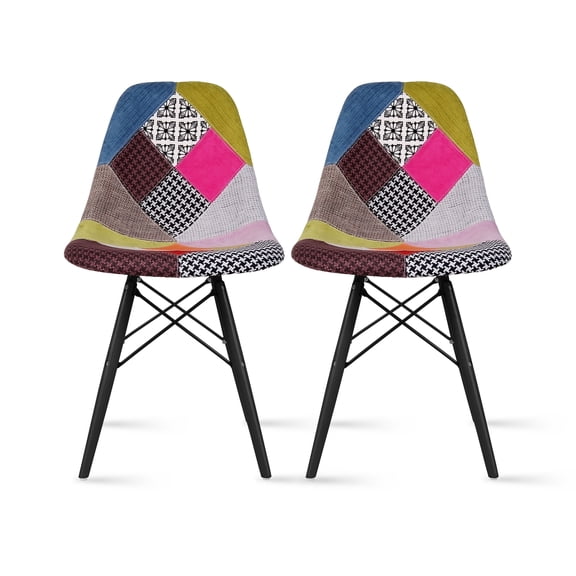 2xhome - Set of 2 Fabric Patchwork Ann - Fabric Side Black Dark Wood Legs Eiffel Dining Room Chair - Lounge Chair No Arm Armless Less Chairs Seats