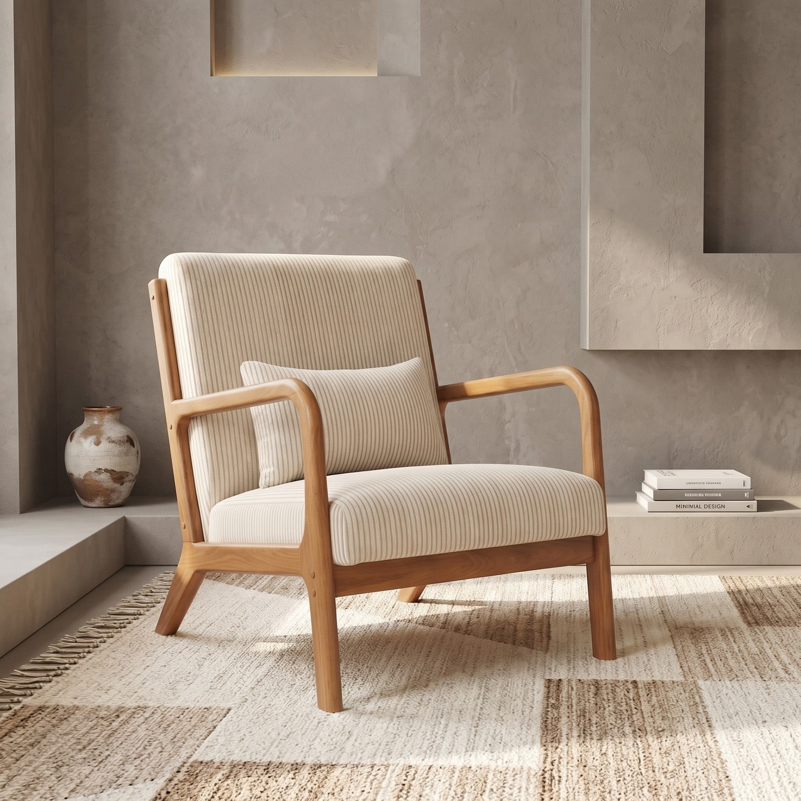 Furnibear Accent Chair, Corduroy Upholstered Lounge Chair with Lumbar Pillow, Ergonomic 105-Degree Backrest, Solid Wood Frame Armchair for Living Room Bedroom, Beige
