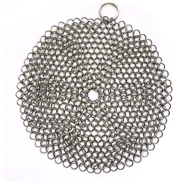Limpiador de acero inoxidable, estropajo de malla para sartenes, sartenes pre-sazonadas, hornos holandeses, sartenes para waffles, raspador, raspador de parrilla de hierro fundido, raspador