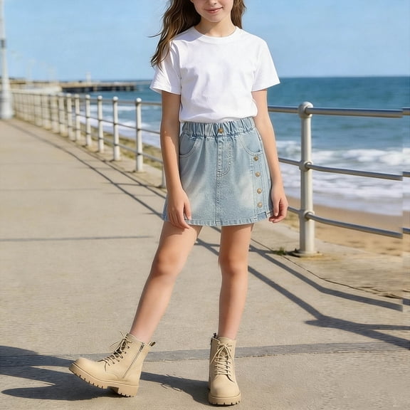 Girls Elastic Waist Denim Skort, Casual Washed Jean Skirt with Pockets and Built-In Shorts, Soft Breathable Summer Playwear for Kids & Teens