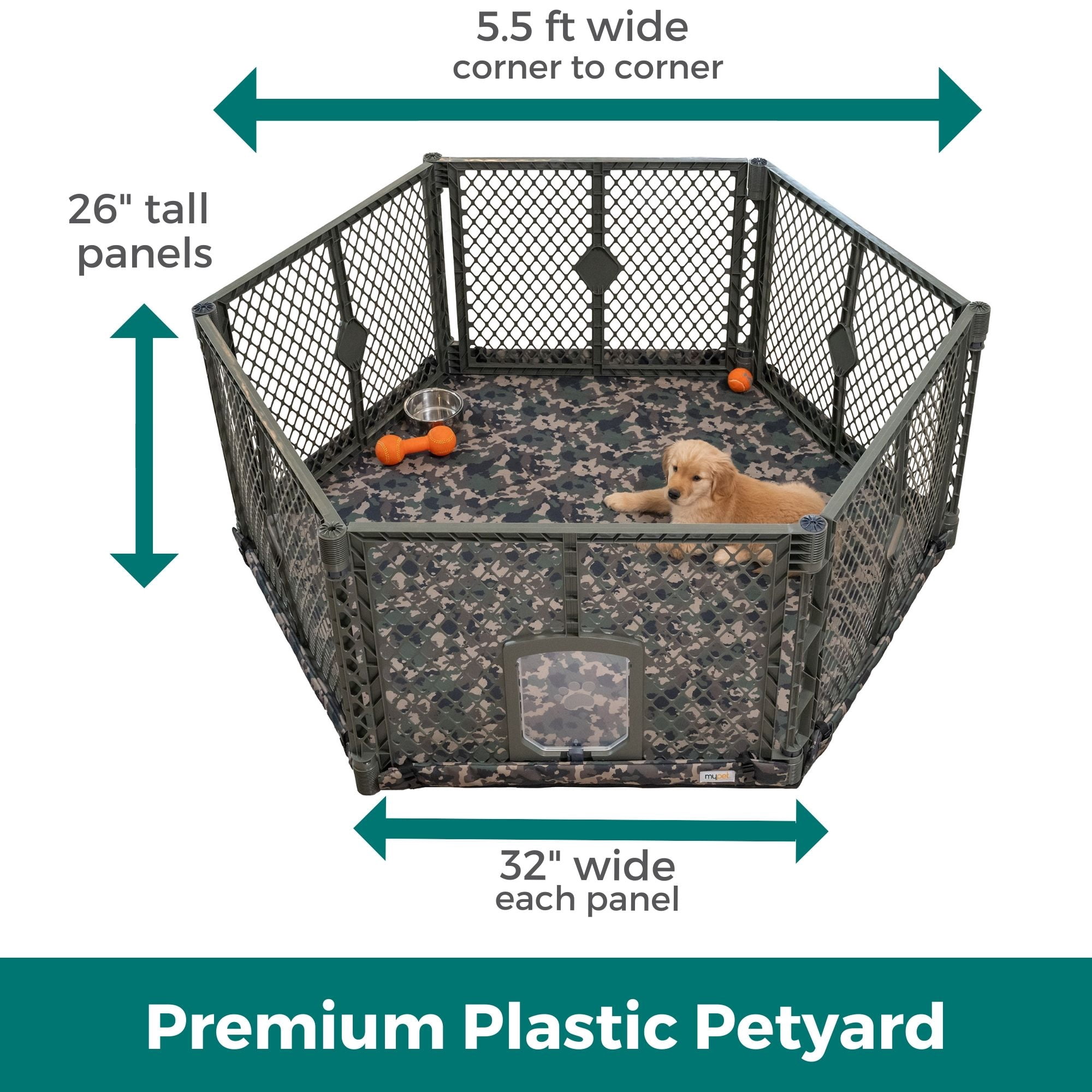 Petyard Protect Bundle, 6-Panel Indoor & Outdoor Playpen and Mat for Dogs, Green Camo