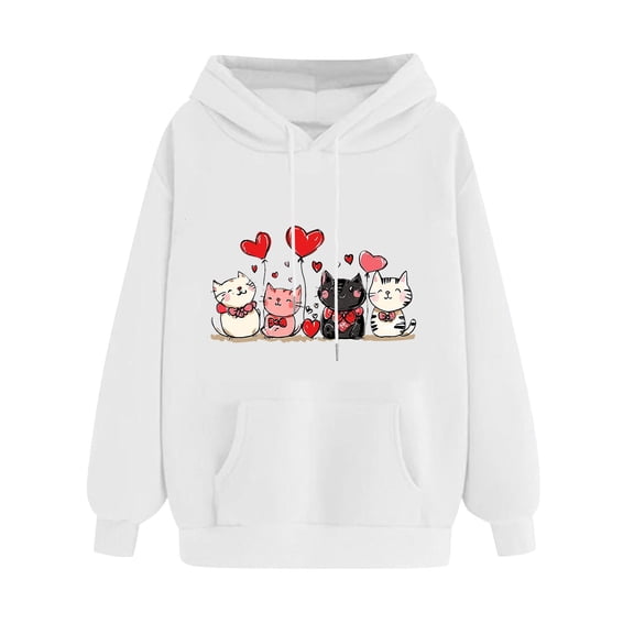 asdoklhq Women's V-Day Tees Ladies' Valentine's Day Printed Long Sleeved Hooded Sweatshirt One Size Larger White S