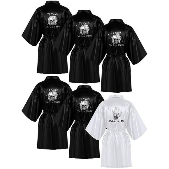 Panitay 6 Pcs Bridesmaids Robes Till Death Do Us Party Bachelorette Bride or Die Bachelorette Party Robes Skull Black White Bride Robe for Bridal Shower Go