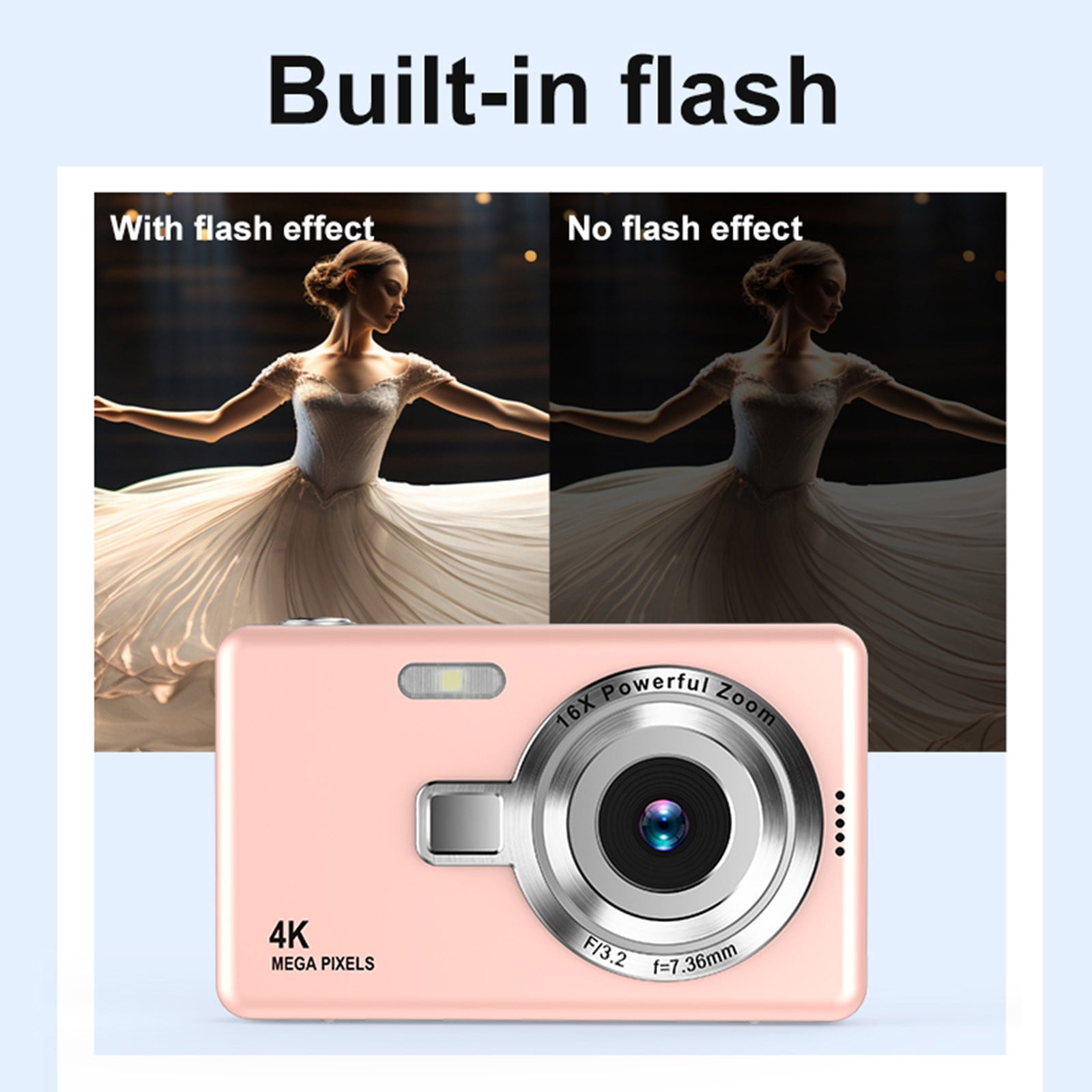 Digital Camera 1080p HD, Up To 48MP Interpolation, Electronic Stabilization, 16x Digital Zoom, 2.4‑Inch LCD, Night Flash, Face Detect, MicroSD Up To 64GB, Rechargeable, Compact Student Portable