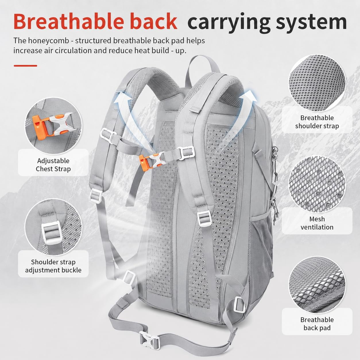 JIDIZHE 35L Hiking Backpack, Water Resistant Daypack with Rain Cover, Lightweight Design, Adjustable Chest Strap & Breathable Back Pad, Unisex for Hiking, Camping & Travel, Grey