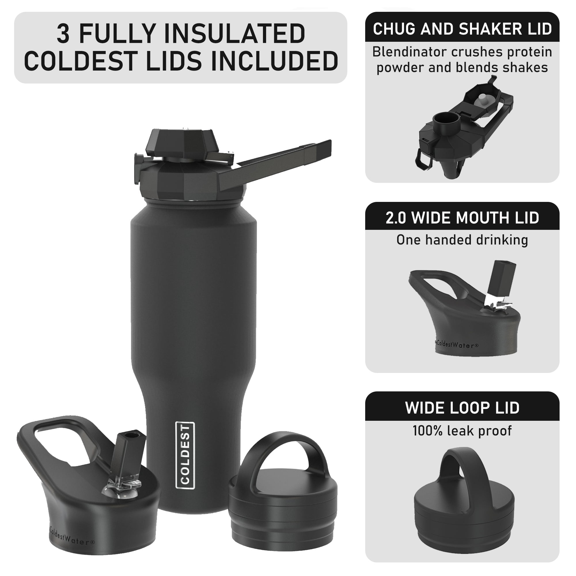 Coldest Sports Water Bottle - 3 Insulated Lids (Chug Lid, Straw Lid, Loop Lid ) Double Walled, Thermo Mug, Metal Canteen (46 oz, Asgardian Gold)
