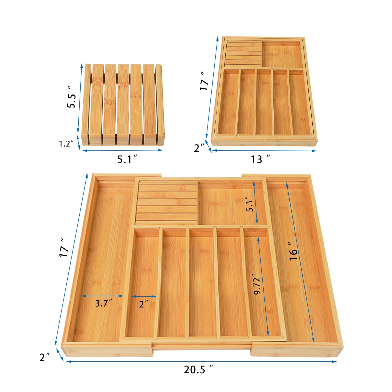 Bamboo Expandable Silverware Drawer Organizer,Adjustable Kitchen Utensil Organizer with Removable Dividers and Knife Block for Flatware, Cutlery , Knives