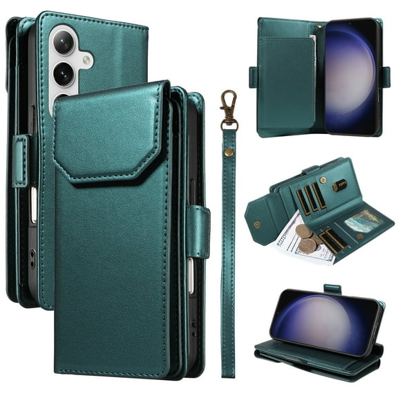 Compatible with Samsung Galaxy S25 Case Wallet with Strap RFID Blocking Card Holder, Multifunctional Wallet Purse Handbag Premium PU Leather Magnetic Flip Kickstand Phone Case,Green