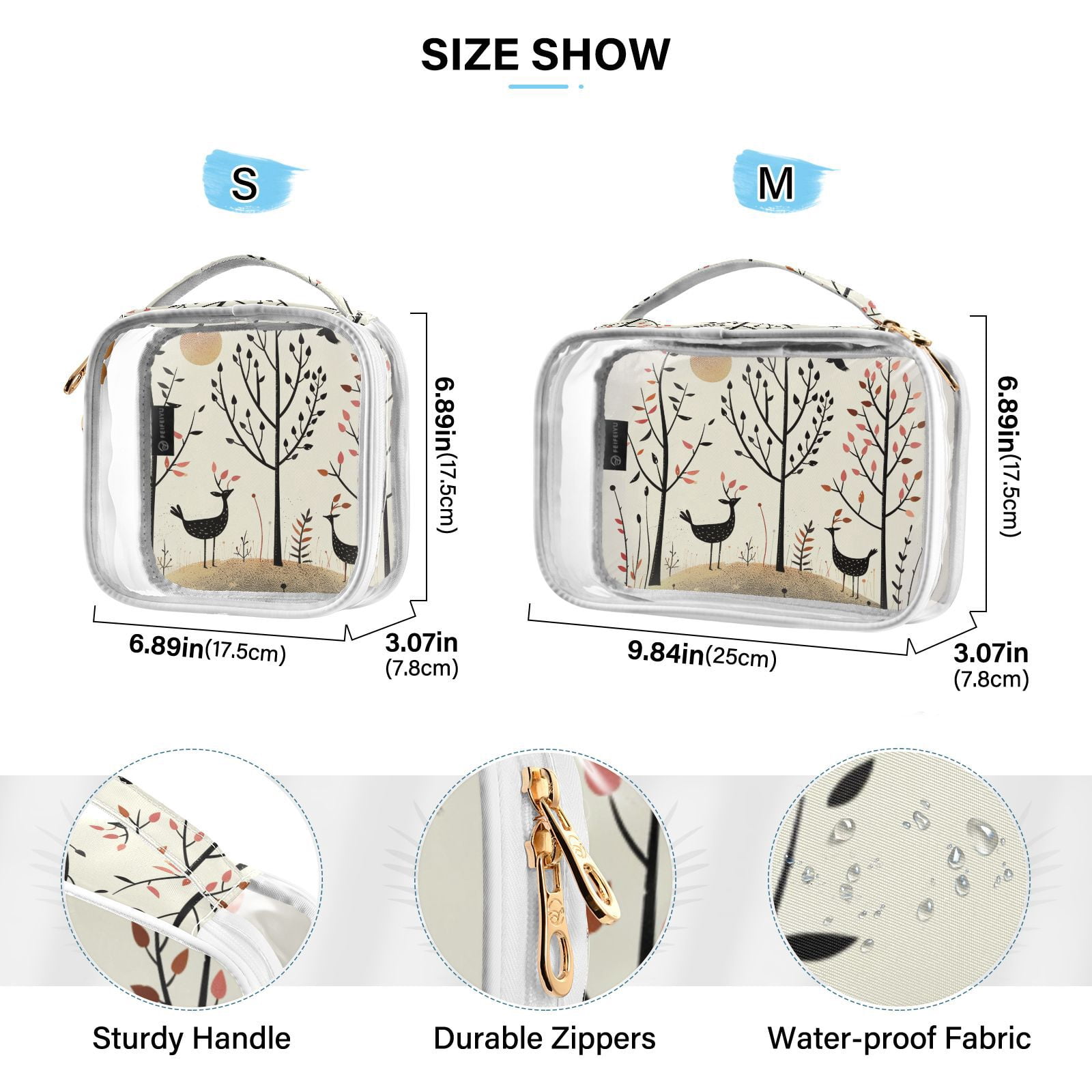Clear Makeup Bags with Handle Large Opening 2 Pack Set Toiletry Bag Quart Size Bag, for Women Man Traveling Travel Essentials, Toiletries and Other. Hand Drawn Forest
