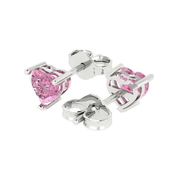1.0 Ct Heart Cut Studs Pink Crystal 18K White Solid Gold Everyday Dainty Earrings Push Back