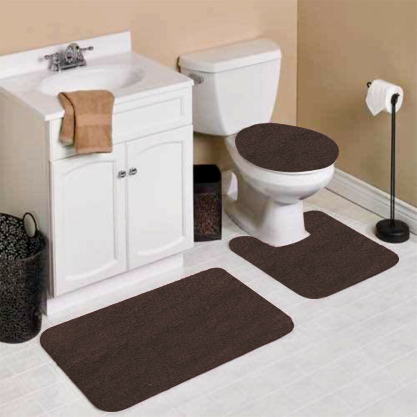 3PC Bathroom Set Rug Contour Mat Toilet Lid Cover Plain Solid Color Bath Mats US 
