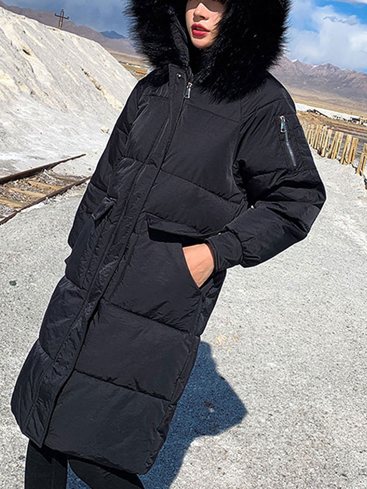 Womens Thicken Winter Warm Fur Duck Down Mid Long Coat Jacket Outwear Parka chic 